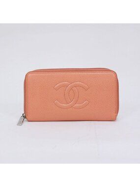 Chanel Coco Mark Round Zip Wallet Caviar Leather Orange Silver